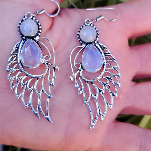 New Opal Opalite & Rainbow Moonstone 925 Silver Wings Earrings. - Picture 9 of 16